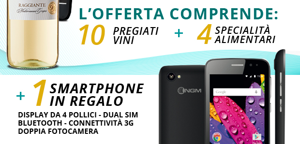 L?FFERTA COMPRENDE: 10 PREGIATI VINI 4 SPECIALIT ALIMENTARI +1 SMARTPHONE IN REGALO DISPLAY DA 4 POLLICI - DUAL SIM BLUETOOTH - CONNETTIVIT 3G DOPPIA FOTOCAMERA