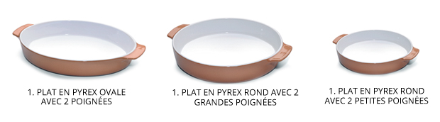 1. PLAT EN PYREX OVALE AVEC 2 POIGNÉES 1. PLAT EN PYREX ROND AVEC 2 GRANDES POIGNÉES 1. PLAT EN PYREX ROND AVEC 2 PETITES POIGNÉES